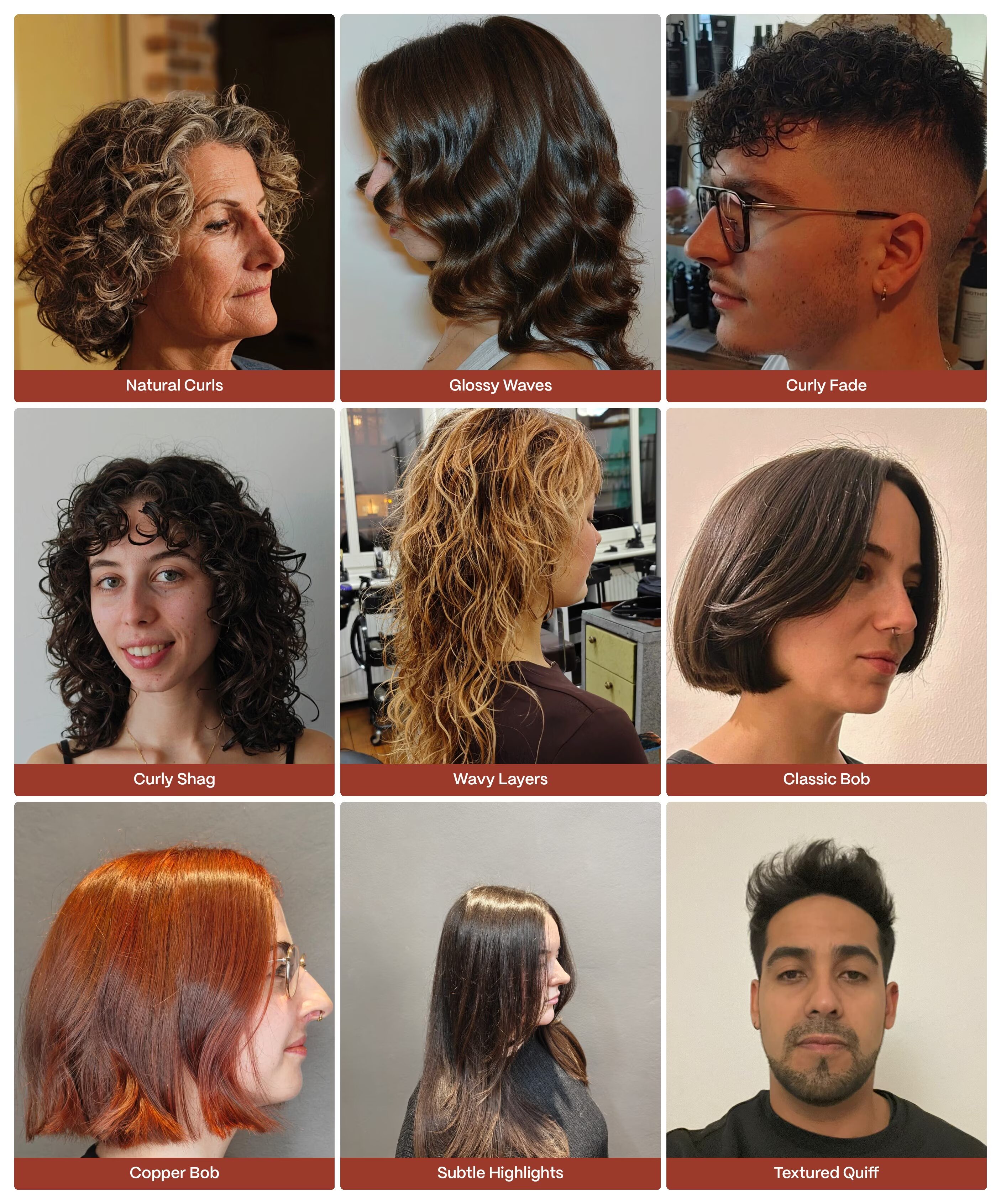 a collage of Andrea's hair styles including curls, bobs, waves and fades