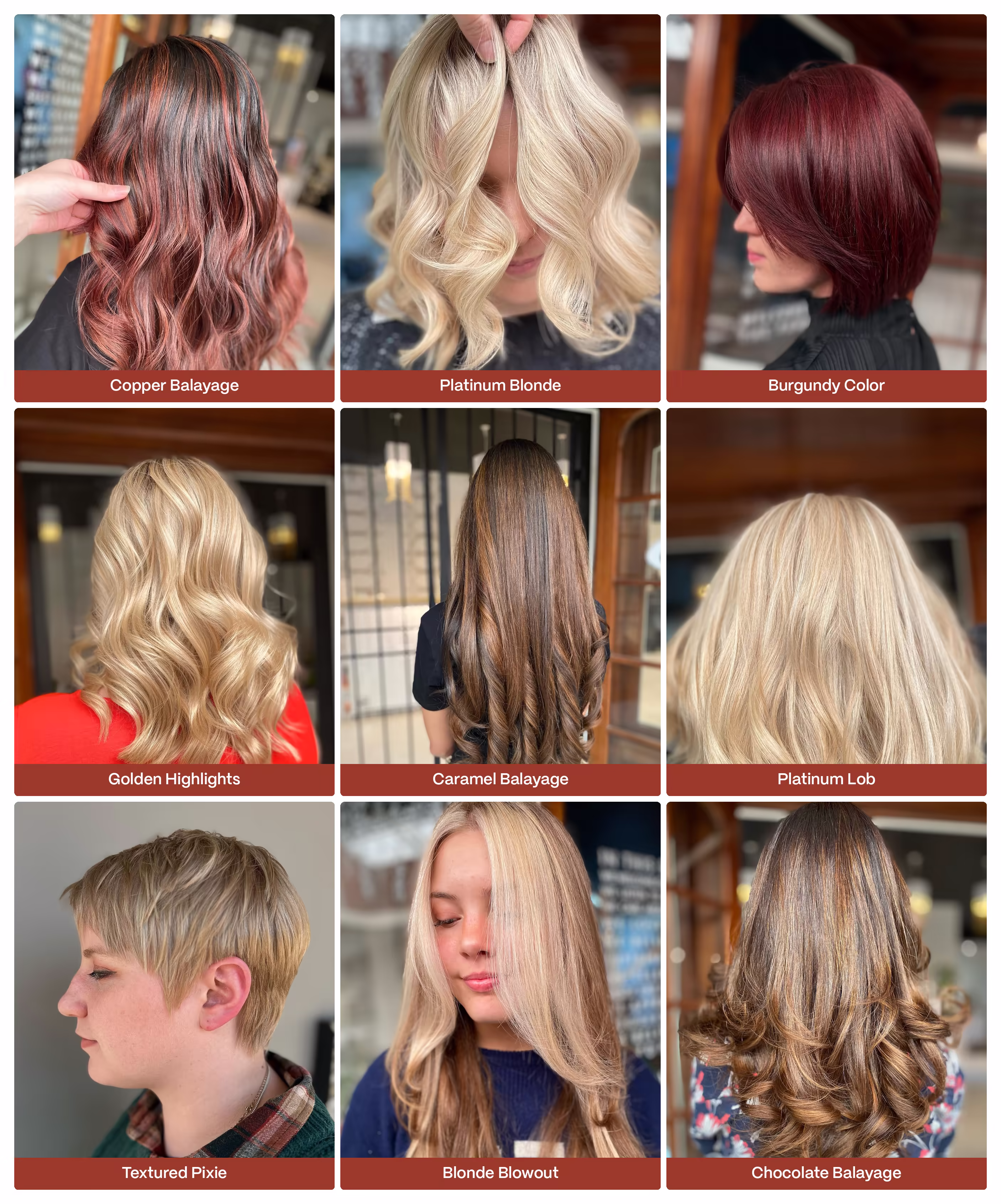 a collage of Jenna's hair styles including balayage, highlights, colour and blowouts