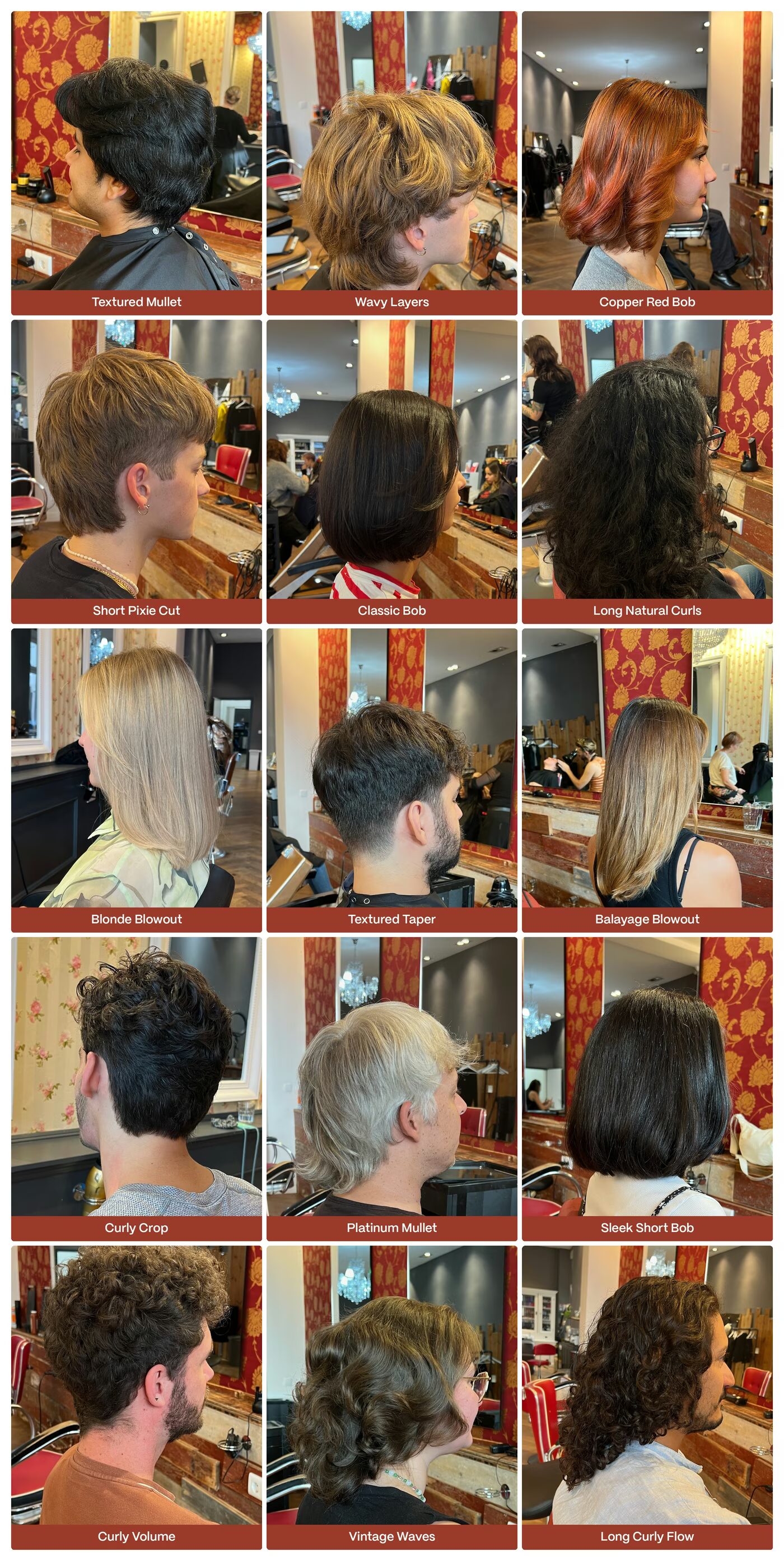 a collage of Renato's hair styles including fades, bobs, curls and colour