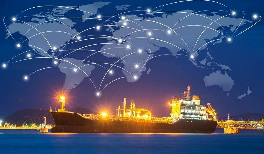 Schiff mit anderen Schiffen überall auf der Welt verbunden
